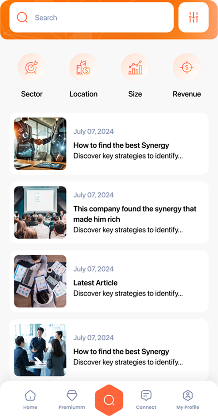 Interface utilisateur de Synergies montrant des connexions entre entreprises